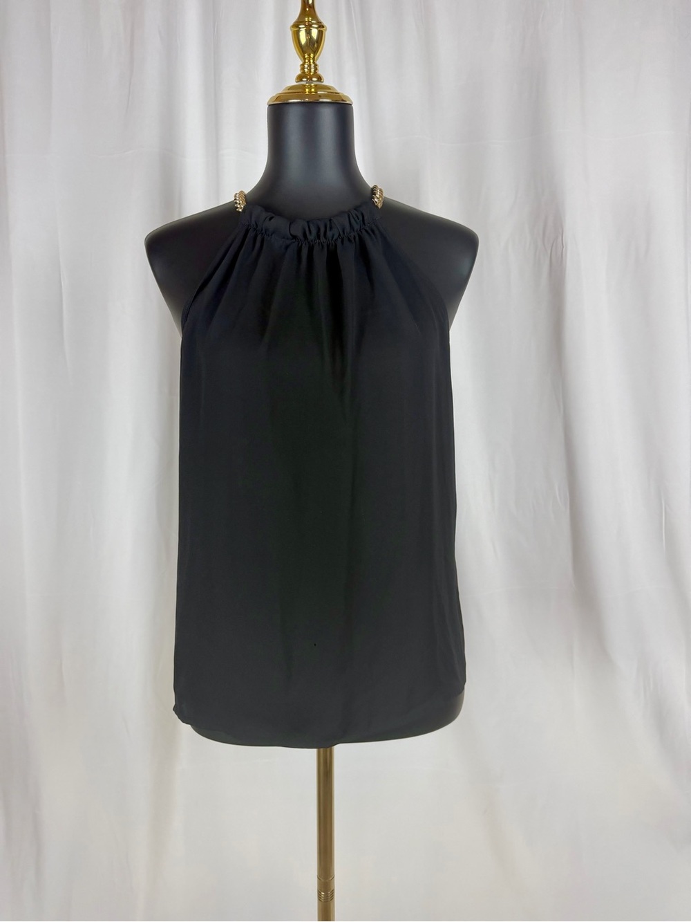 INC International Concepts Black Halter Tank Top with Gold Chain Straps